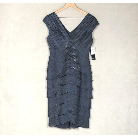 NWT ADRIANNA PAPELL Cocktail Dress Sz 6 Blue Midi Layered Lined Iridescent NEW - Picture 3 of 16